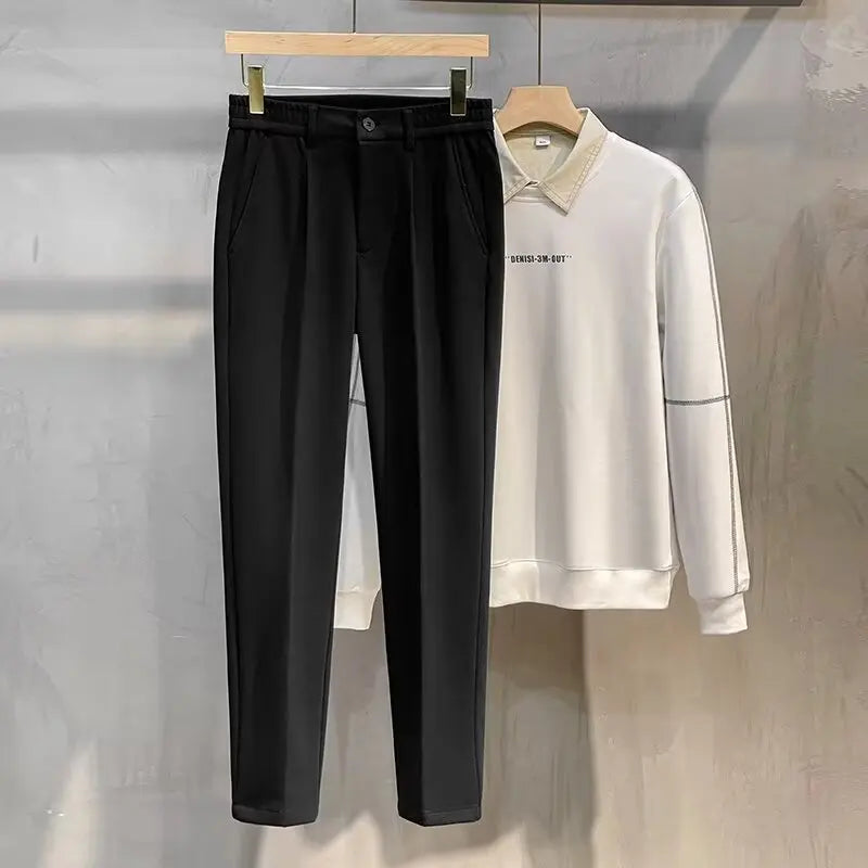 Men's Woolen Casual Pants Autumn Winter Thiened Slim Fit Long Trousers Faionable Korean Sle Nine Points Pants