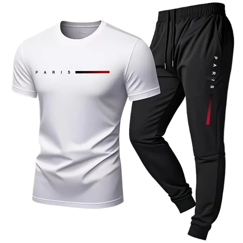 PARIS Men s casual suit spring and summer new style letter print American trend sports fashion short sleeved pants two-piece set
