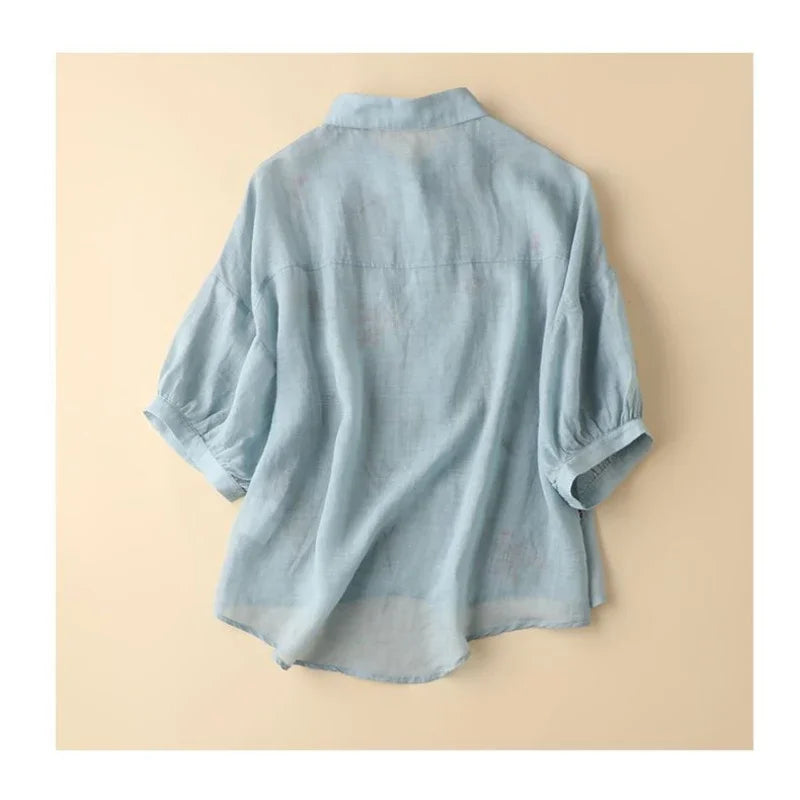 Summer Seven Point Cotton Linen Embroidered Shirt for Women 2024 New Literary Loose Temperament Lapel Casual Top for Women