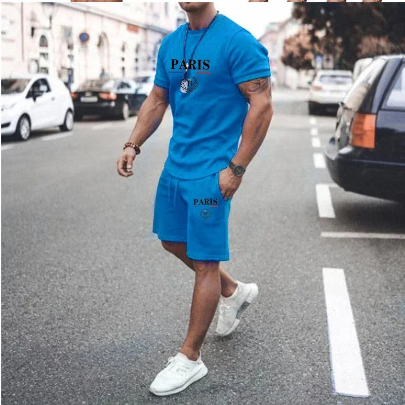 New Summer Men's Fashion Short sleeved T-shirt and Shorts 2-piece Set Sportswear Fashion Slow Running Casual Men's Set