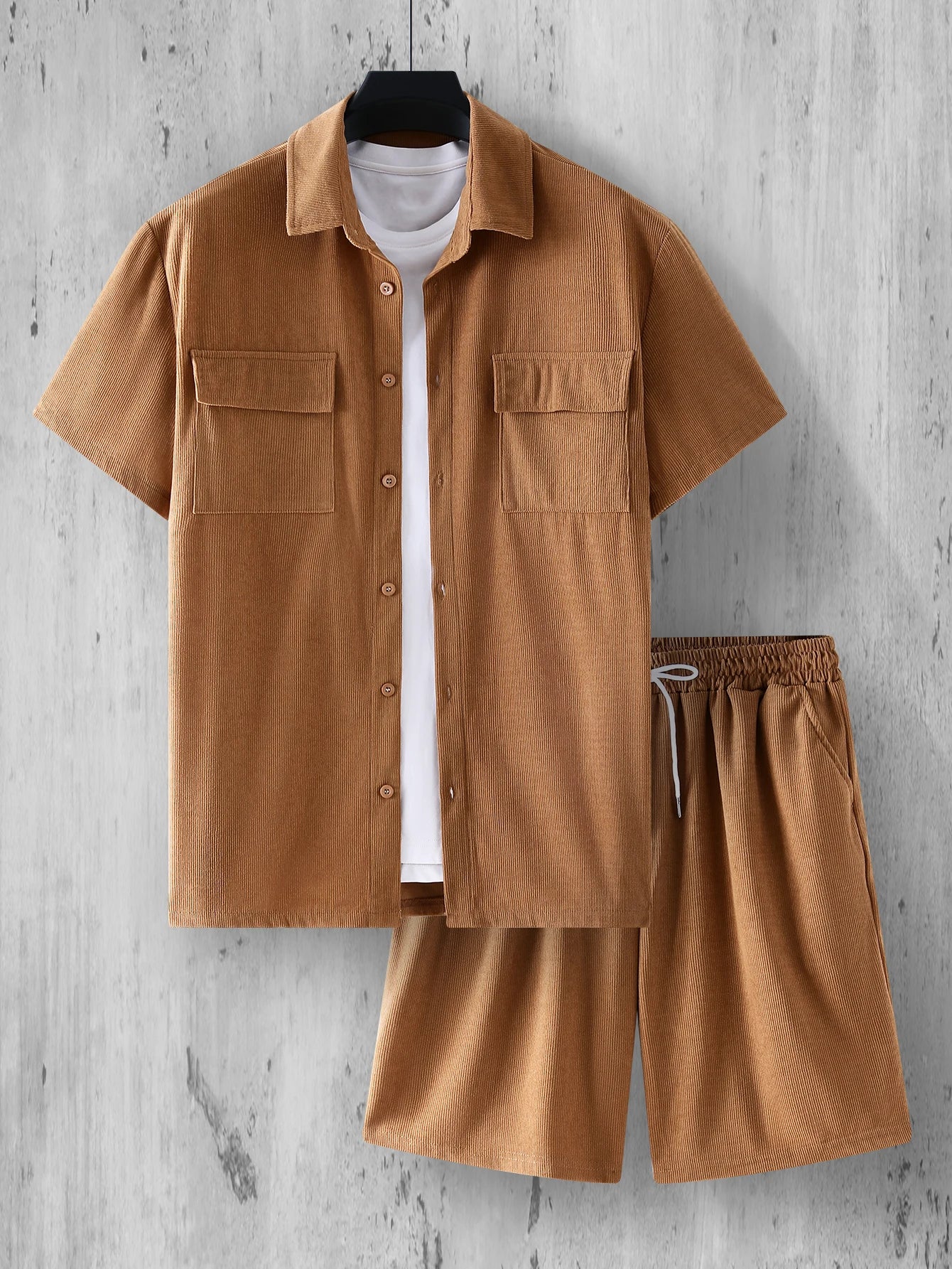 2025Summer street wear two-piece retro solid color corduroy shirt and shorts set men's fashionable and steady short sleeved set