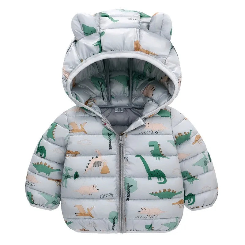 Kids Cartoon Dinosaur Hooded Warm Jacket – Lightweight Winter Outerwear Ages 0–5