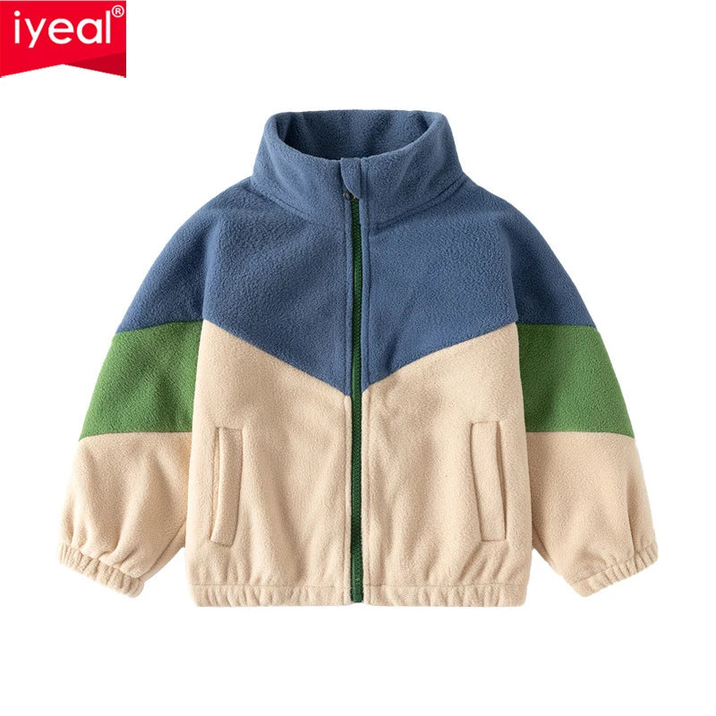 Boys Color Matching Fleece Zipper Jacket – Thickened Warm Outerwear