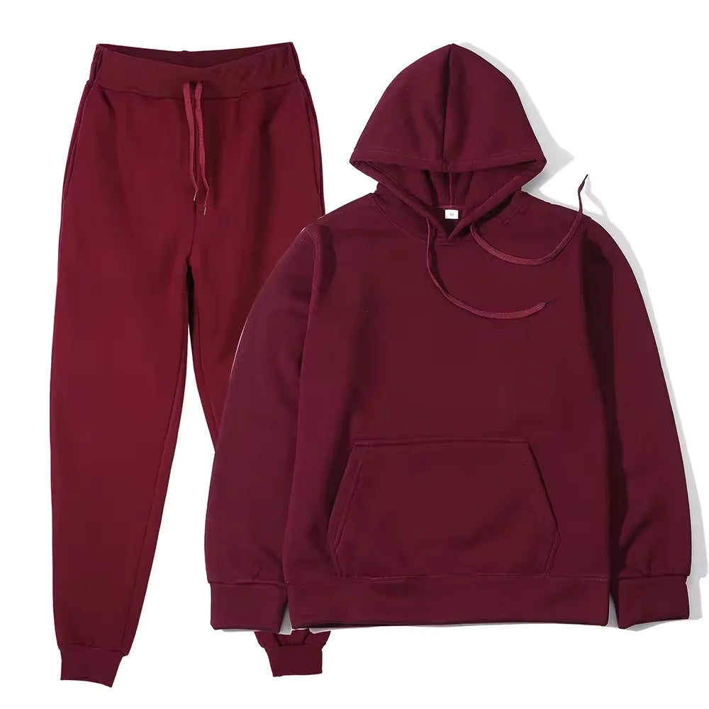 2024 Autumn/Winter New Velvet Warm Hoodie Sports Pants Two Piece Set for Men and Women Solid Color Loose Sports Jogging Set
