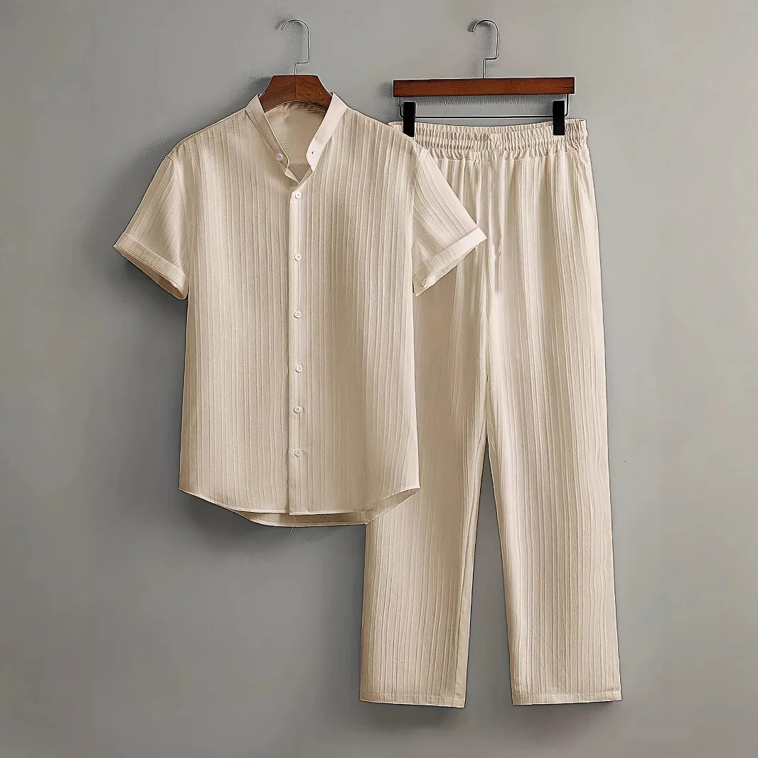 Men's Two Pieces Casual Outfit Loungewear Solid Color Textured Short Sleeve Button Down Shirt and Long Drawstring Pants