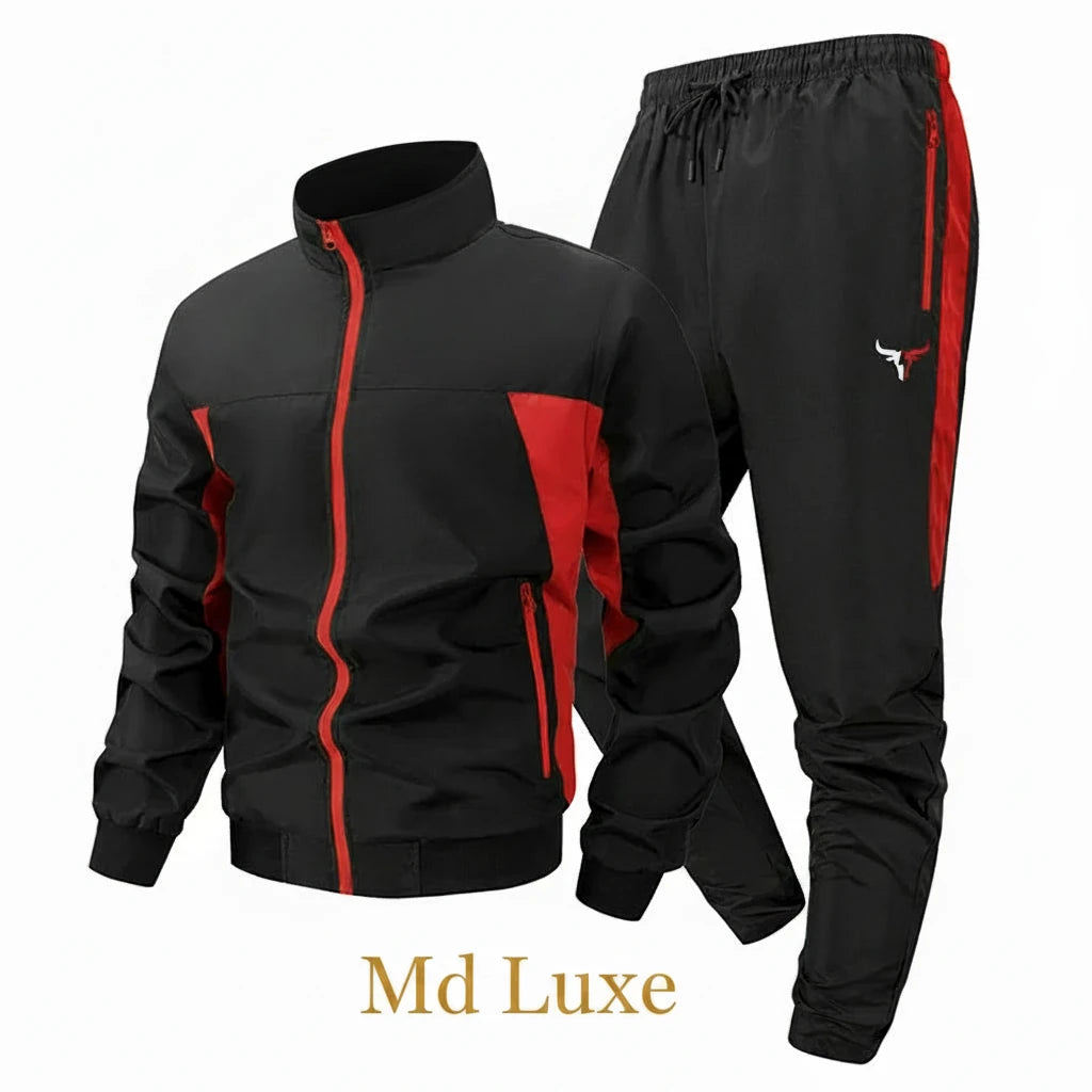 Bull Print Colorblock Sports Set for Men Outdoor Stand Collar Zip Up Jacket Coat Outwear Tops Pants Trousers with Zipper Pockets