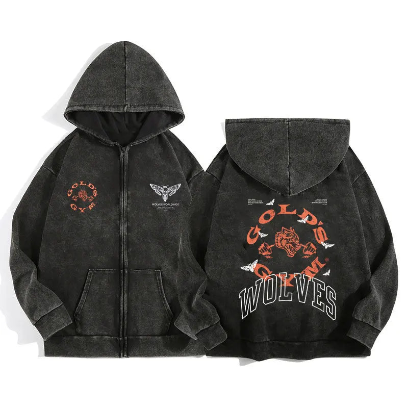 Darc Wolves Gothic Harajuku Zip Hoodie Jacket – Cotton Print Manga Sweatshirt
