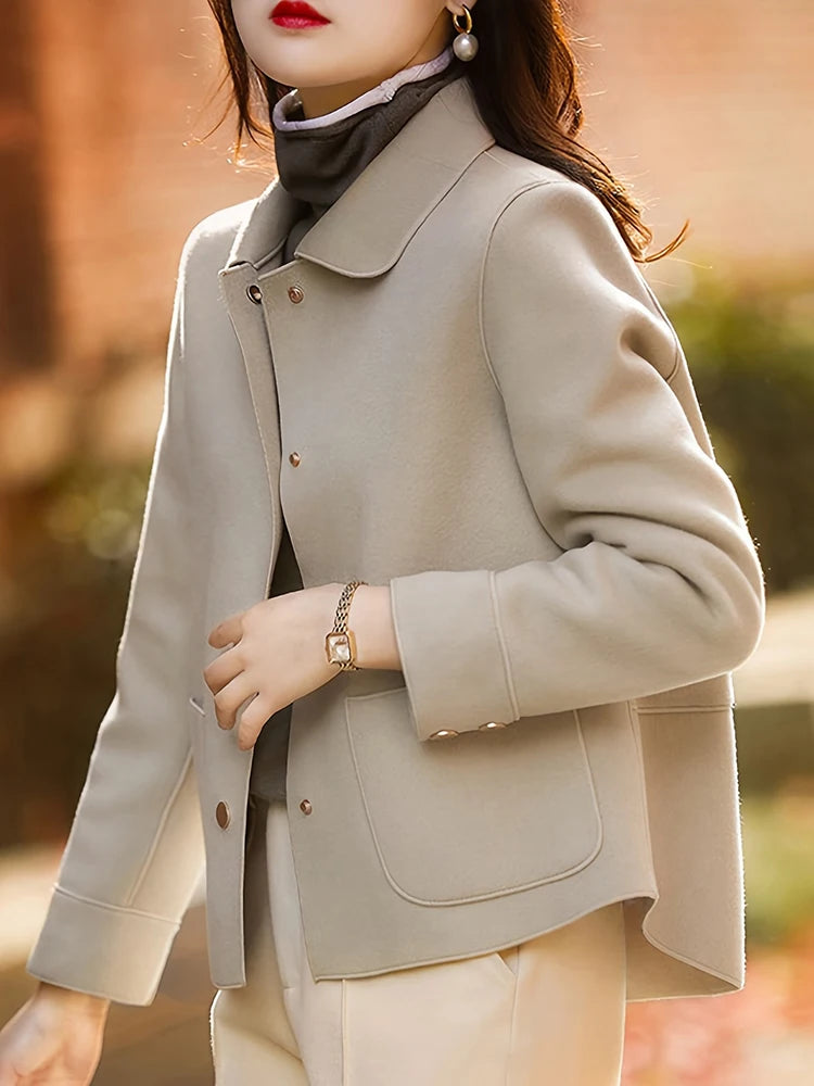 Women's Classic Short Woolen Coat – Button-Up Warm Autumn Winter Outerwear