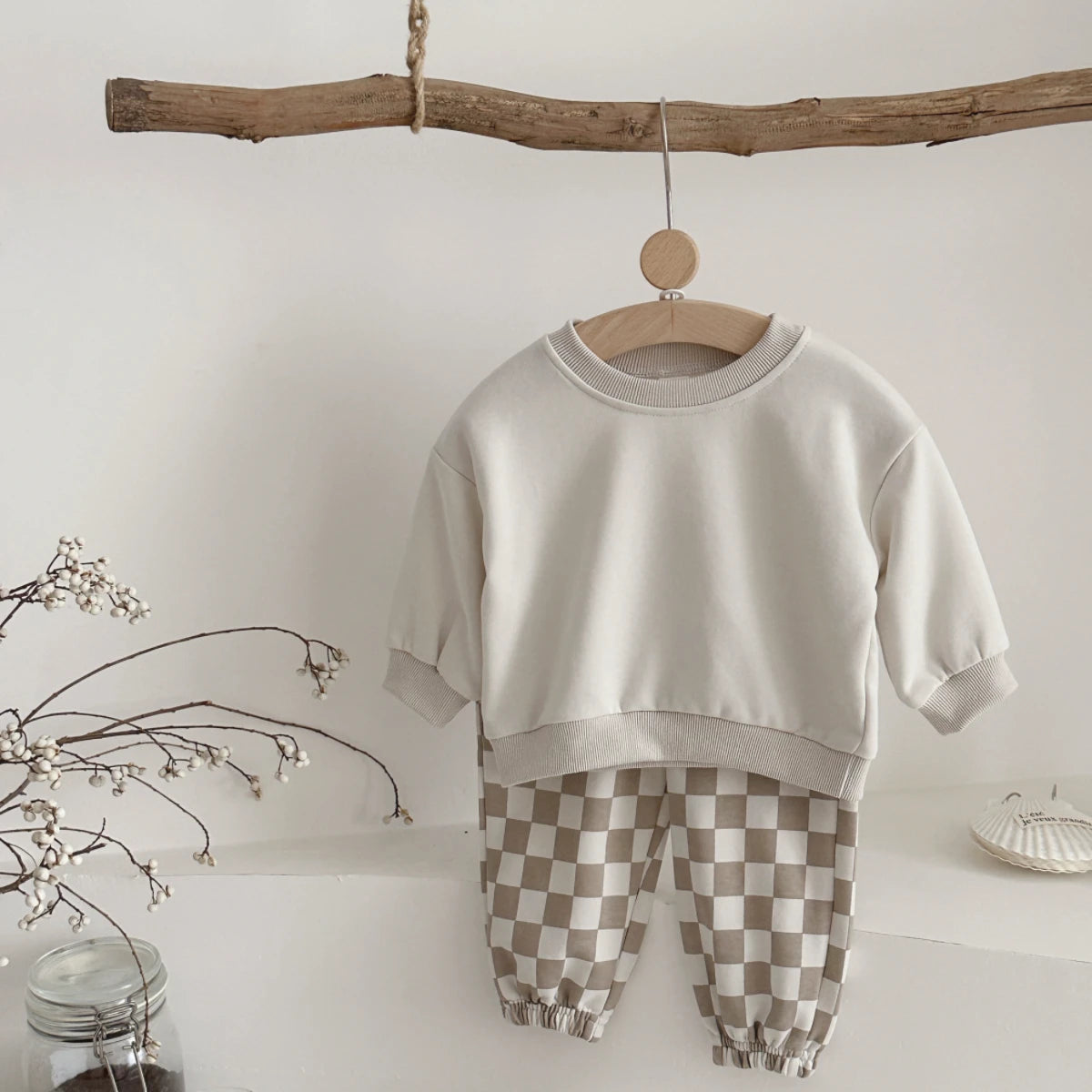 Autumn Fashion Newborn Baby Boys Girls Clothes Comfort Outfit Solid Color Long Sleeves Top+Chessboard Pattern Pants 2Pcs/set