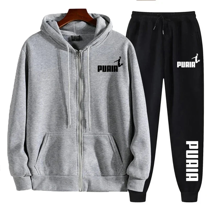 Men's Print Hoodie & Pants 2-Piece Sportswear Set – Casual Zipper Jacket Tracksuit