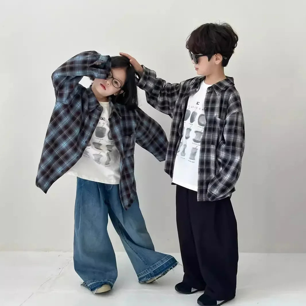 Kids Korean Velvet Plaid Long Sleeve Shirt – Casual Loose Autumn Top