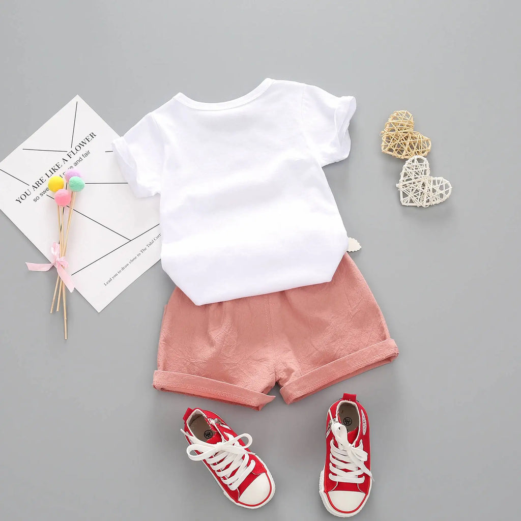 Girls Cartoon Short Sleeve T-Shirt & Shorts Set – Cotton 2-Piece Summer Outfit