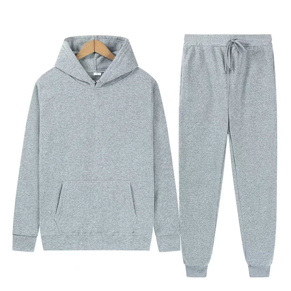 Men's Solid Color Hoodie & Pants 2-Piece Set – Casual Sports Tracksuit