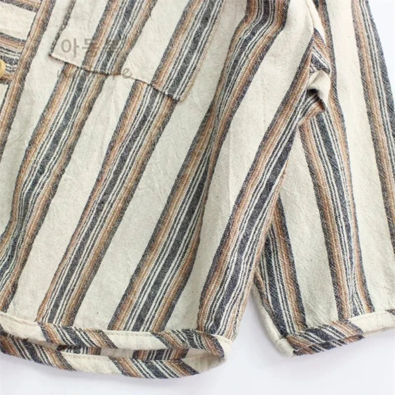 Boys Retro Striped Cotton Linen Long Sleeve Shirt – Korean Literary Button Top