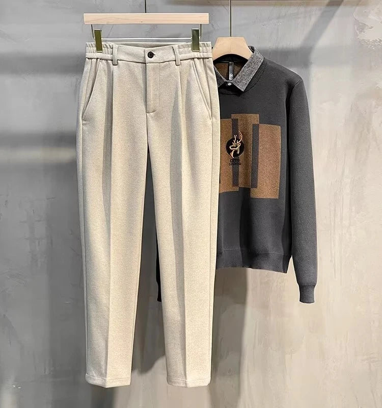 Men's Woolen Casual Pants Autumn Winter Thiened Slim Fit Long Trousers Faionable Korean Sle Nine Points Pants