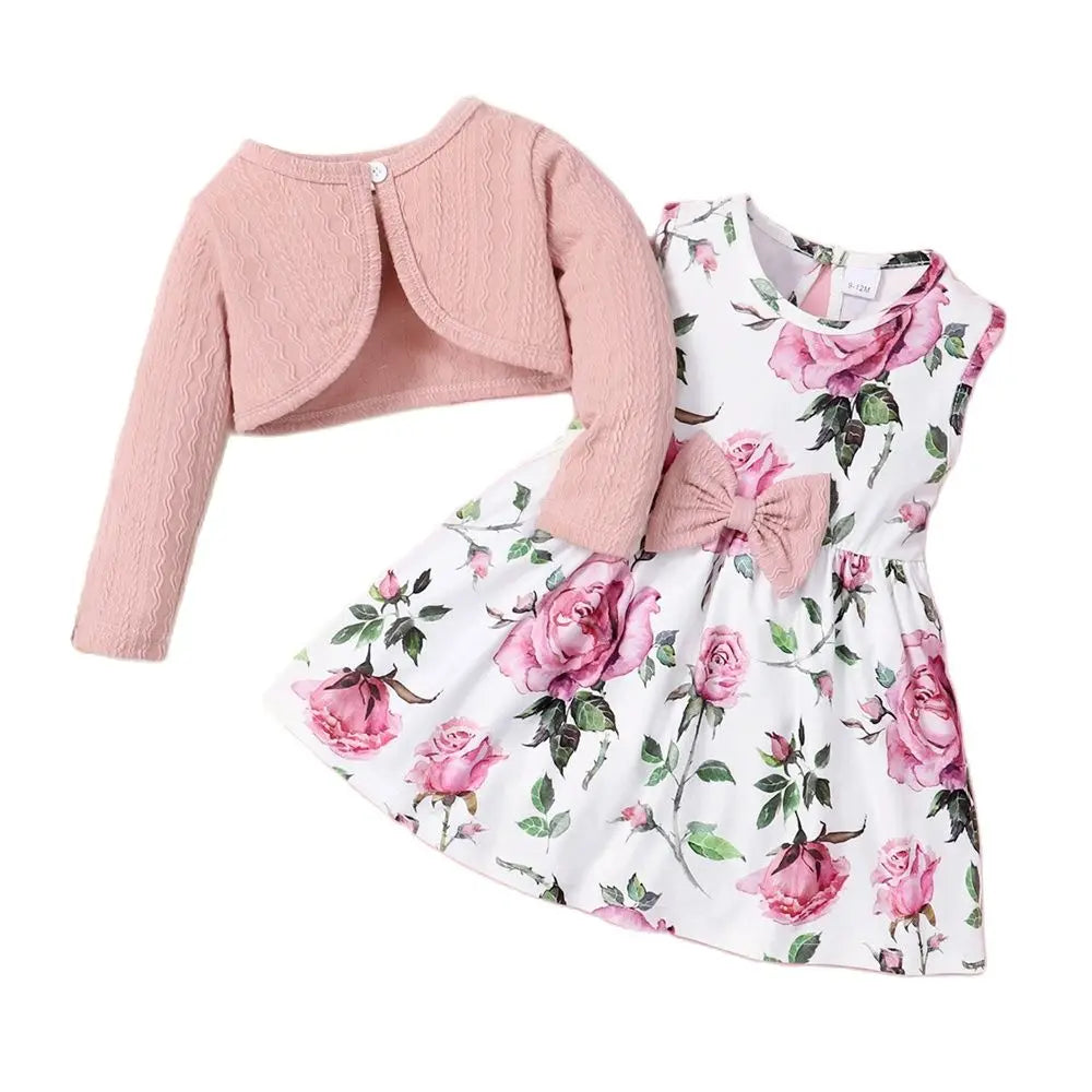 0-3 Years Toddler Baby Girl 2PCS Dress Set Plain Color Ribbed Overcoat+Floral Sleeveless Dress Fashion Lovely Style Party Wear