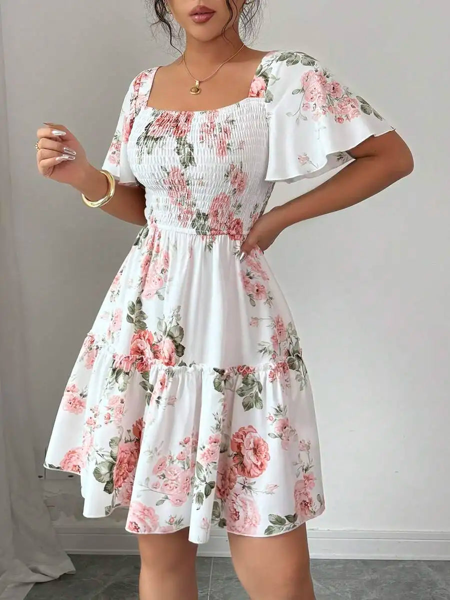 Women's Floral Print Ruffle Hem Short Sleeve Casual Dress – Vacation Evening Style