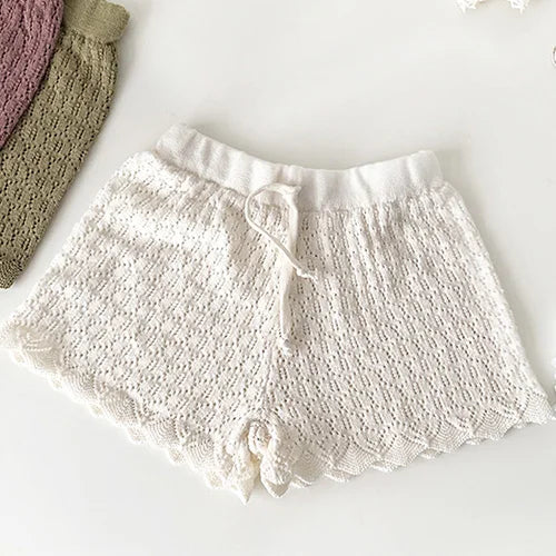 2024 New Autumn 0-4Yrs Baby Girls Knitted Shorts Toddler Baby Girls Solid Color Hollow Out Knitting Shorts Children Shorts