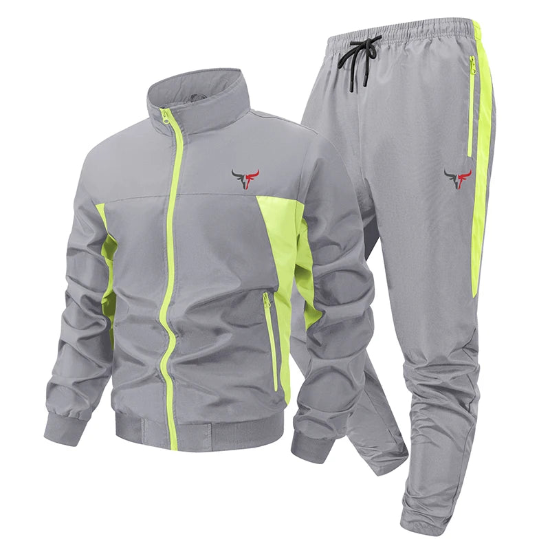 Bull Print Colorblock Sports Set for Men Outdoor Stand Collar Zip Up Jacket Coat Outwear Tops Pants Trousers with Zipper Pockets
