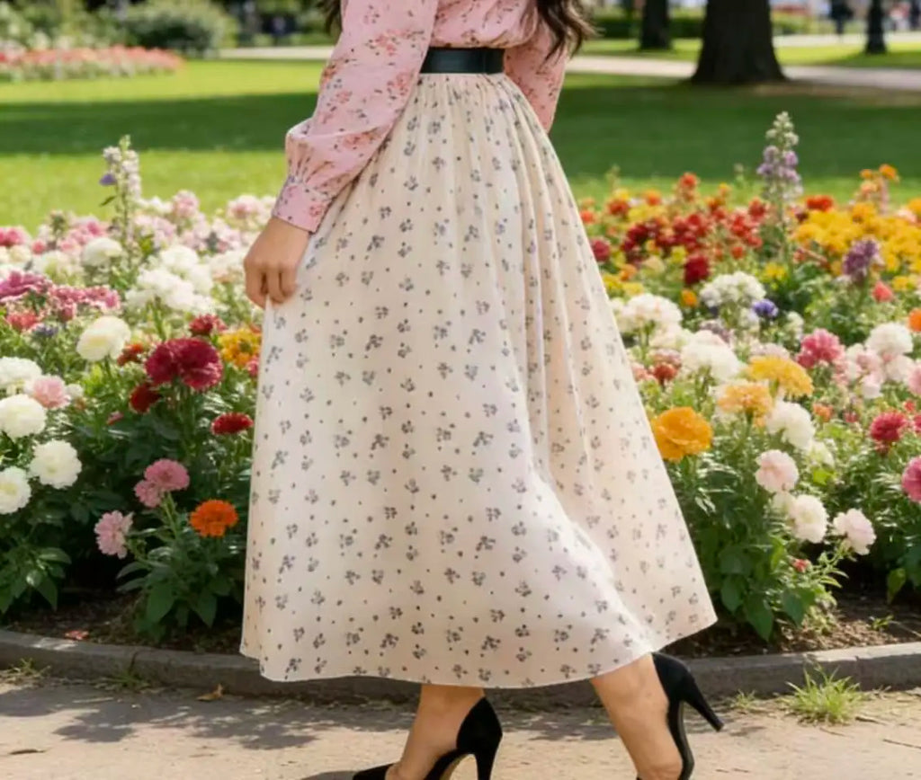 Plus Size Women's Fashion Casual Elastic Waist Mesh Small Floral Straight Skirt Loose Breathable Commuter Skirt (Belt Not Included)hable Commuter Skirt