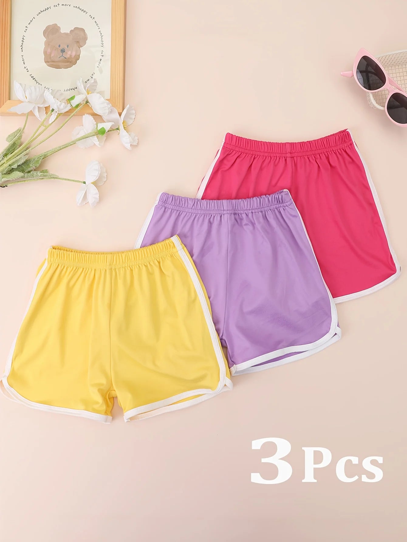 3 Pcs Children's Summer Solid Color Basic Sport Shorts,Soft Comfortable Beach Short Pants Suitable for Girls Aged 2-10 Years Old