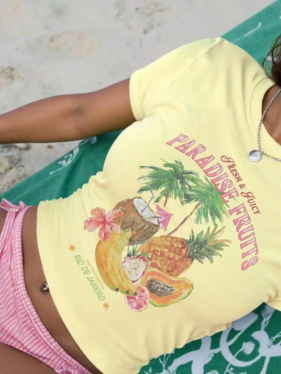 Sundraya Women Fruit & Coconut Print Fitted Short T-Shirt, Cream-Colored Summer Beach Vacation Ladies Top