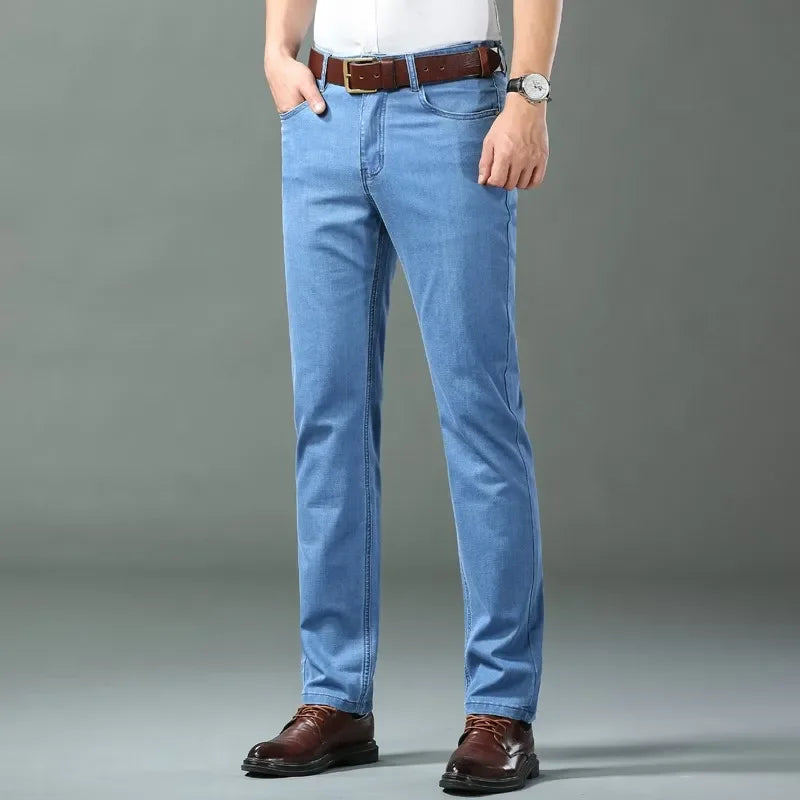Men's Ice Silk Thin Straight Denim Jeans – Lightweight Business Casual Trousers