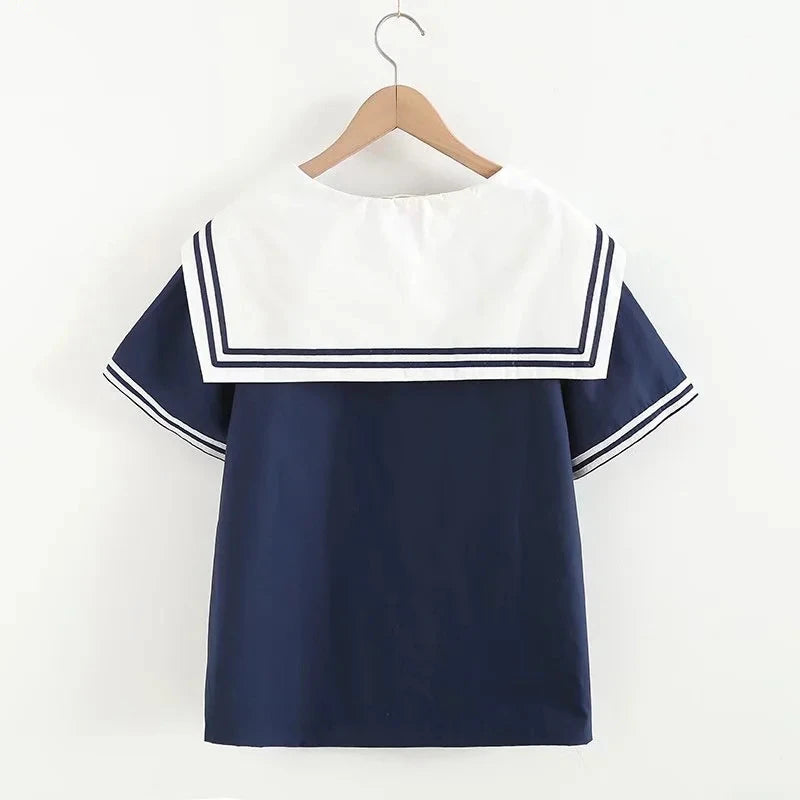 Women's Navy Sailor Collar Patchwork Blouse – Short Sleeve Pullover Summer Top