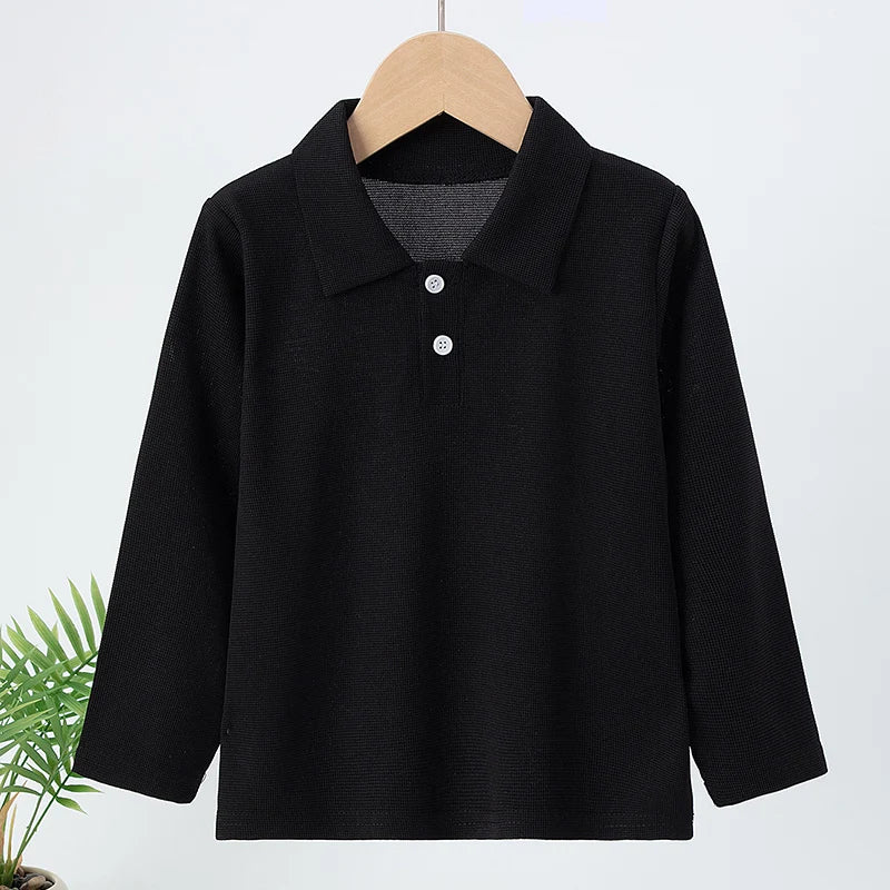 Kids Solid Color Polo Shirt – Long Sleeve Lapel Top for Boys & Girls