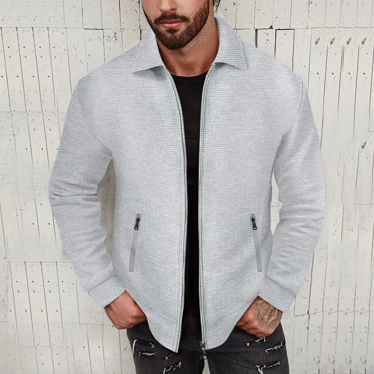 Men's Waffle Texture Long Sleeve Zipper Jacket – Casual Autumn Coat