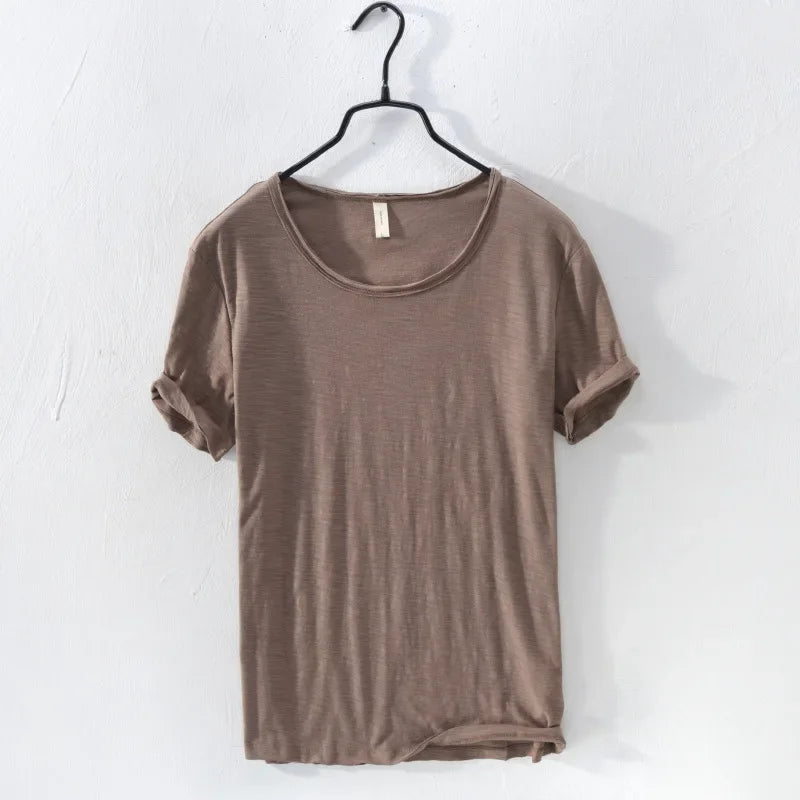 Men's Retro Raw Edge Slim Fit T-Shirt – 100% Cotton Lightweight Casual Top