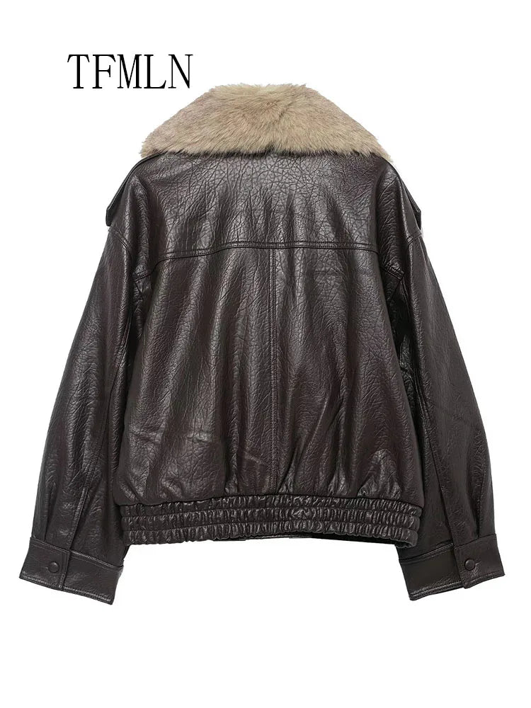 Women's Faux Leather Jacket – Removable Fur Collar Double-Breasted Casual Coat