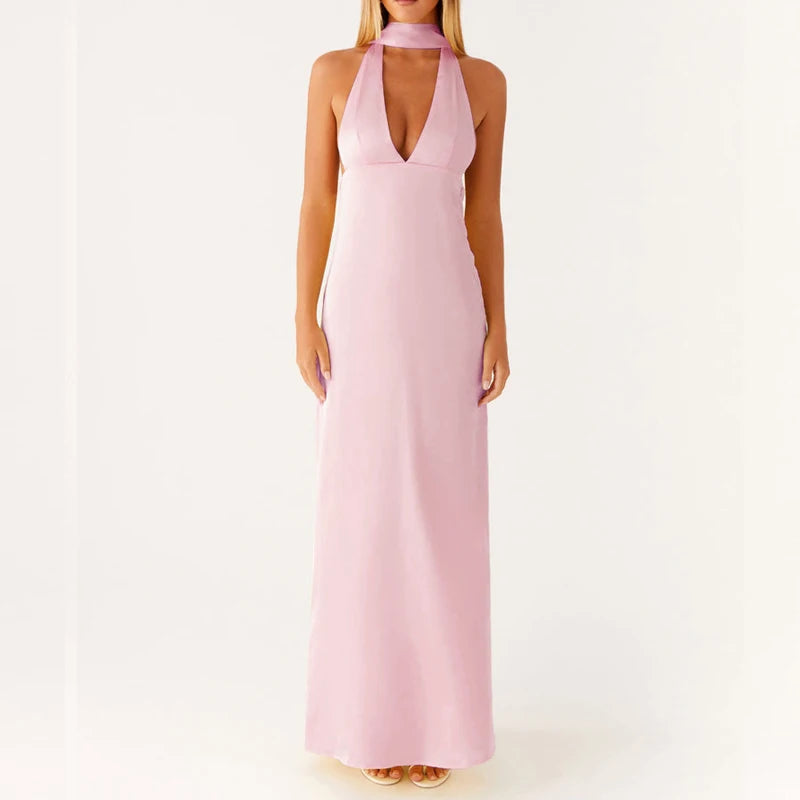 Maemukilabe Sexy Sleeveless Low Cut Print Maxi Dress Boho Halter Neck Slim Fit Flowy Long Dress Backless Floral Summer Beachwear