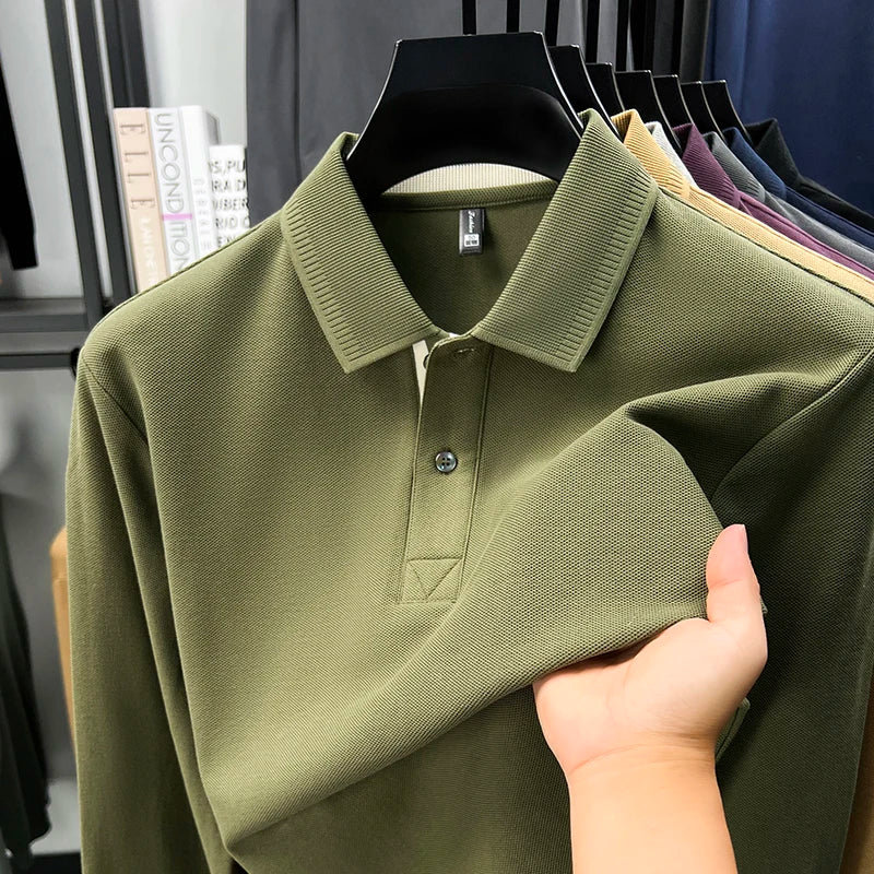 100% cotton luxury polo shirt long sleeve men's classic simple solid color business casual spring autumn comfort premium T-shirt