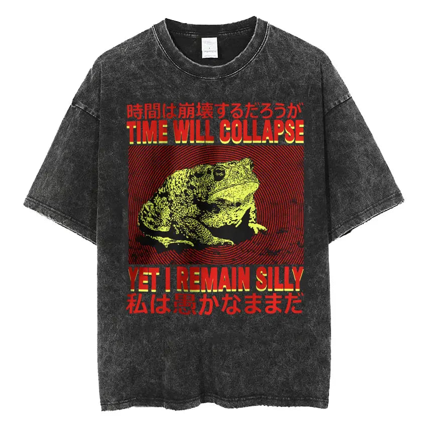 Men's Japanese Frog Retro Washed Oversized T-Shirt – Funny Graphic Streetwear Tee