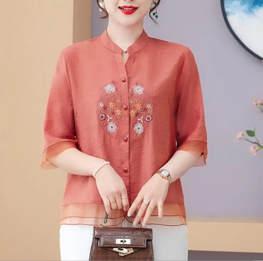 Women's V-Neck Floral Embroidery Half Sleeve Shirt – Vintage Loose Casual Summer Top