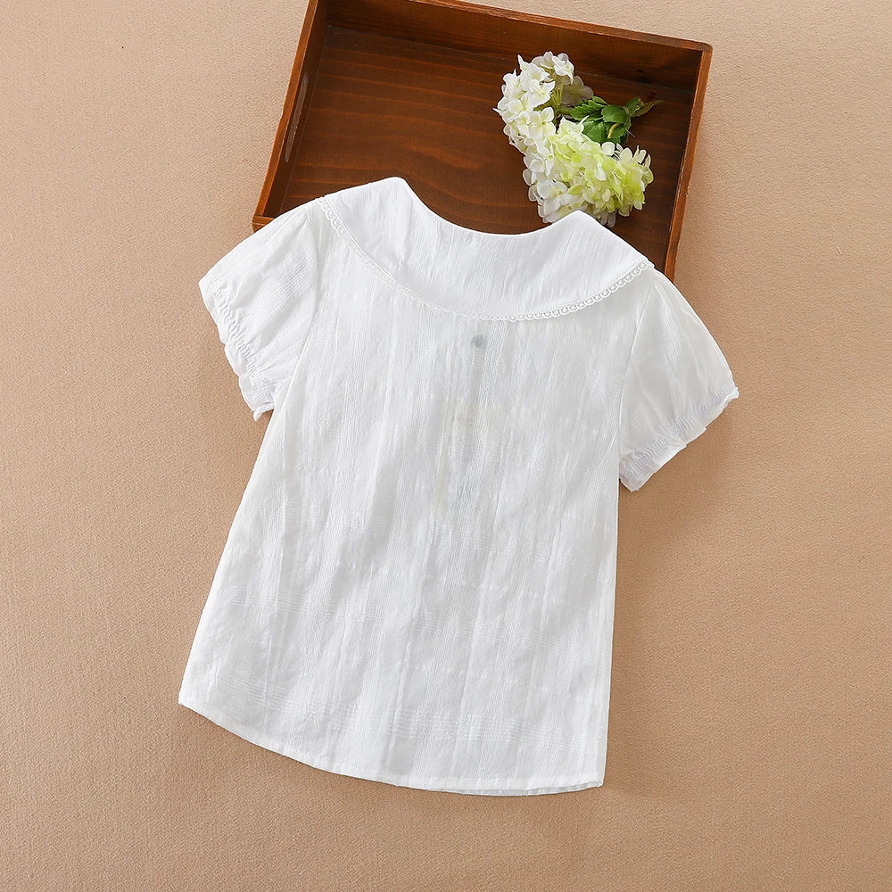 Girls White Lace Short Sleeve Cotton Blouse – Lovely Casual Summer Top