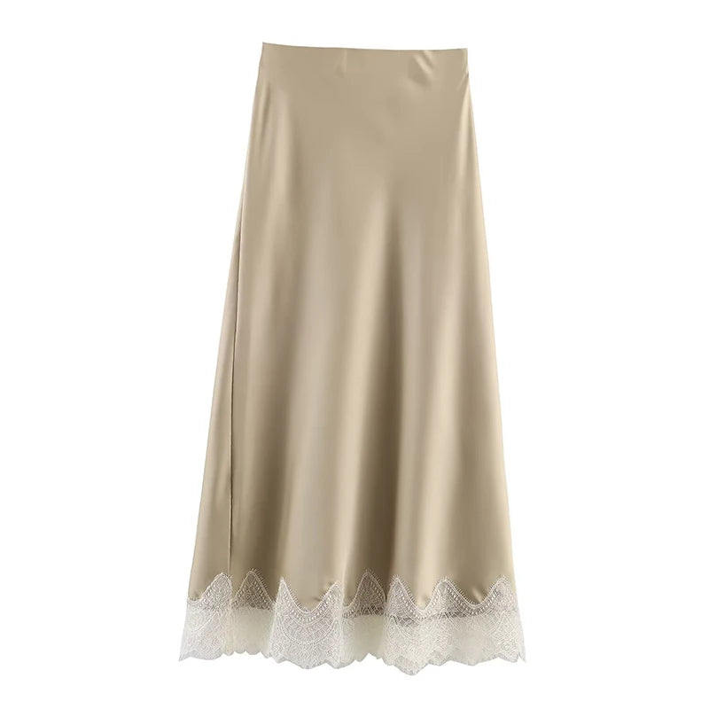 Women's Lace Side Hem Pleated A-Line Midi Skirt – Vintage High Waist Chic Skirt