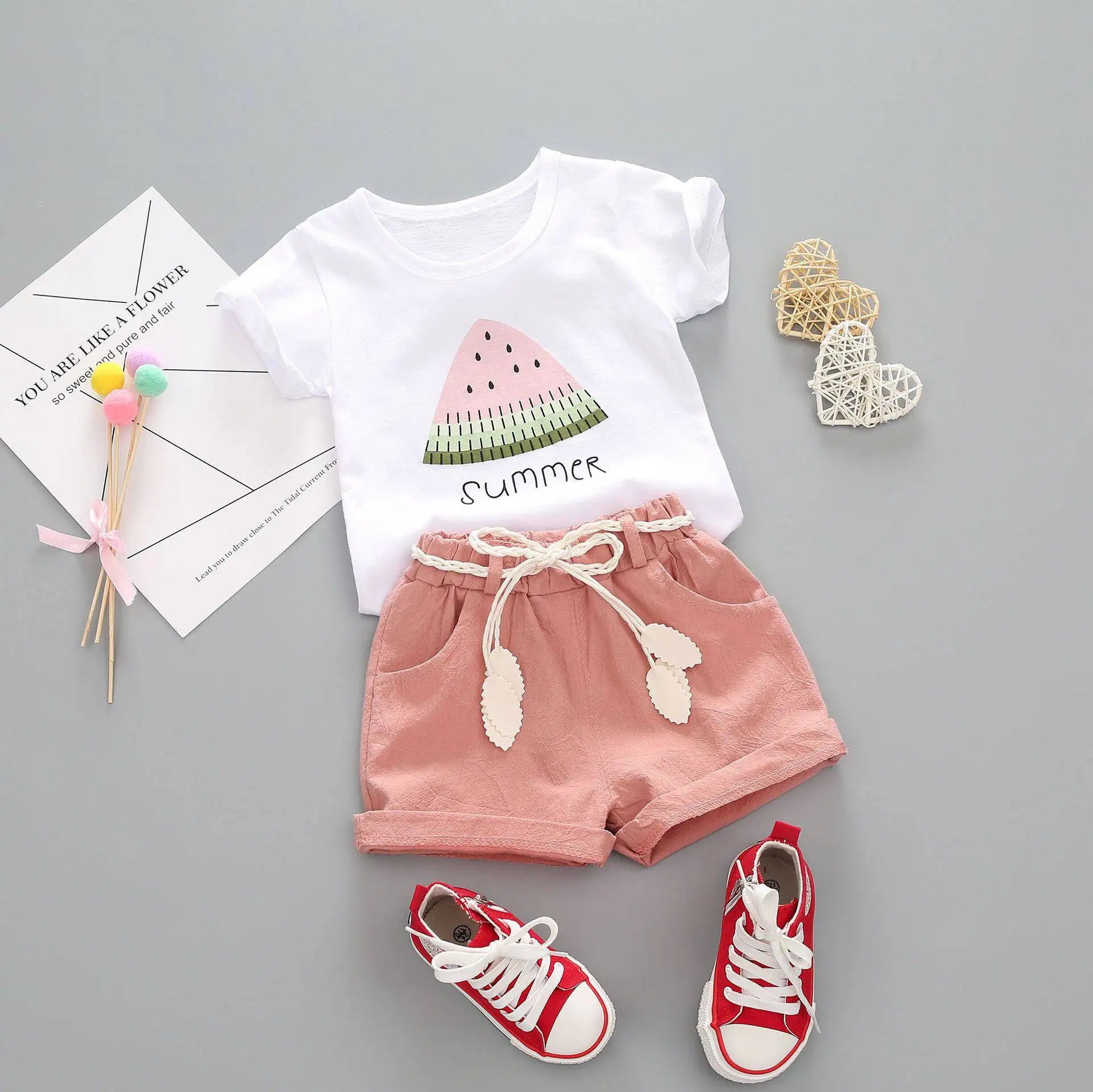 Girls Cartoon Short Sleeve T-Shirt & Shorts Set – Cotton 2-Piece Summer Outfit