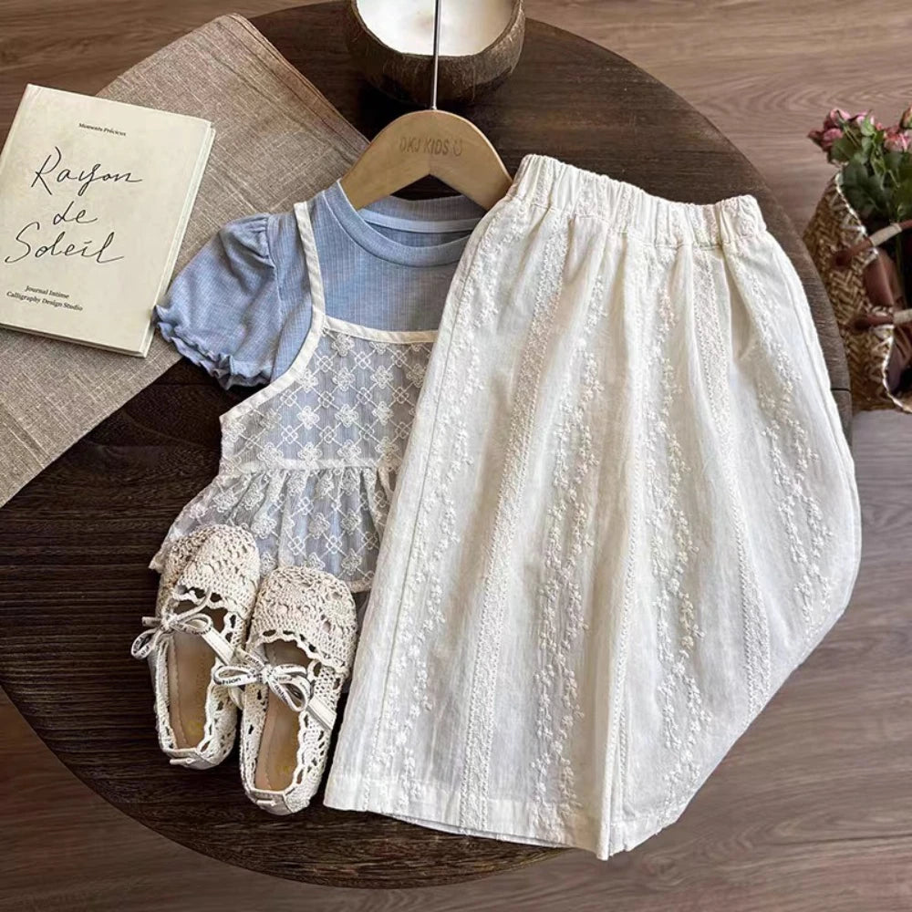 Girls Sweet Lace Camisole & Pants Set – Fake Two-Piece Casual Summer Outfit