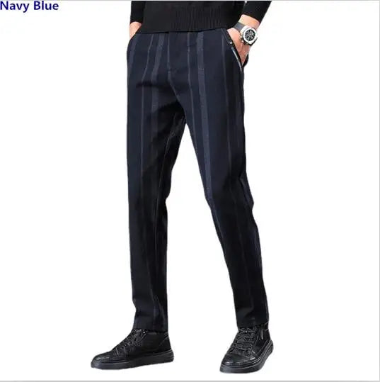 2026 New Men's Grey Vertical Stripe Suit Pants, Business Casual Trousers, Blue-Black Pantalon. Asia Sizes