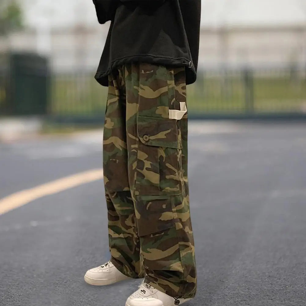 Casual Men Pants Male Jogging Trousers Drawstring Straight Printed Mid Waist Pants
