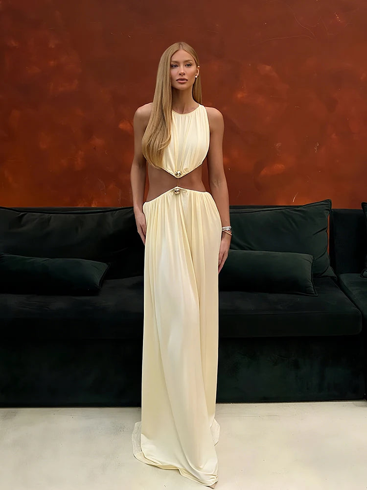 Women's Metal Trim Sleeveless Skinny Prom Dress – Elegant O-Neck Party Vacation Dress