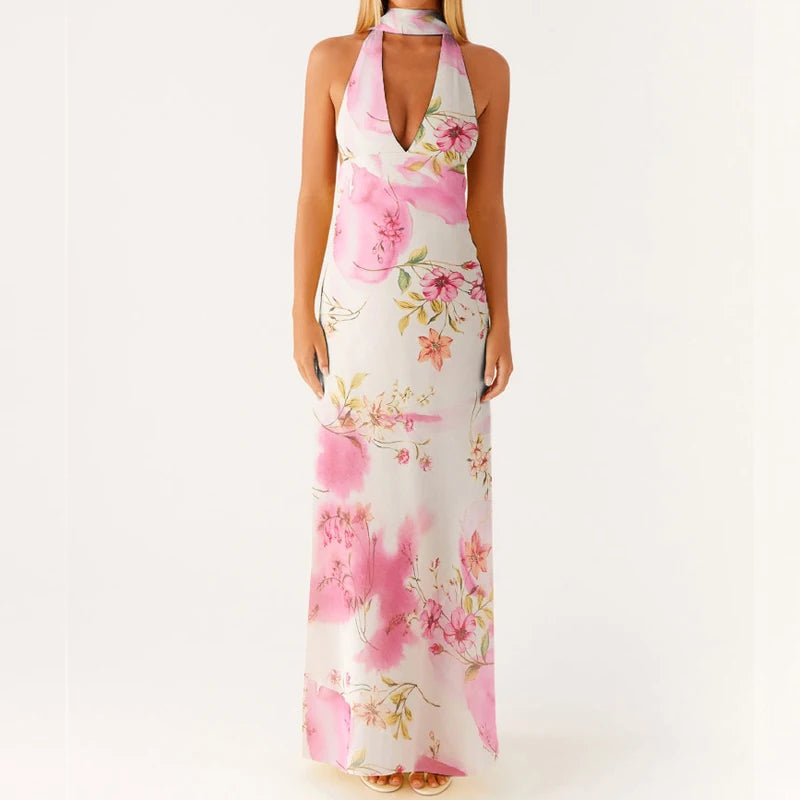 Maemukilabe Sexy Sleeveless Low Cut Print Maxi Dress Boho Halter Neck Slim Fit Flowy Long Dress Backless Floral Summer Beachwear