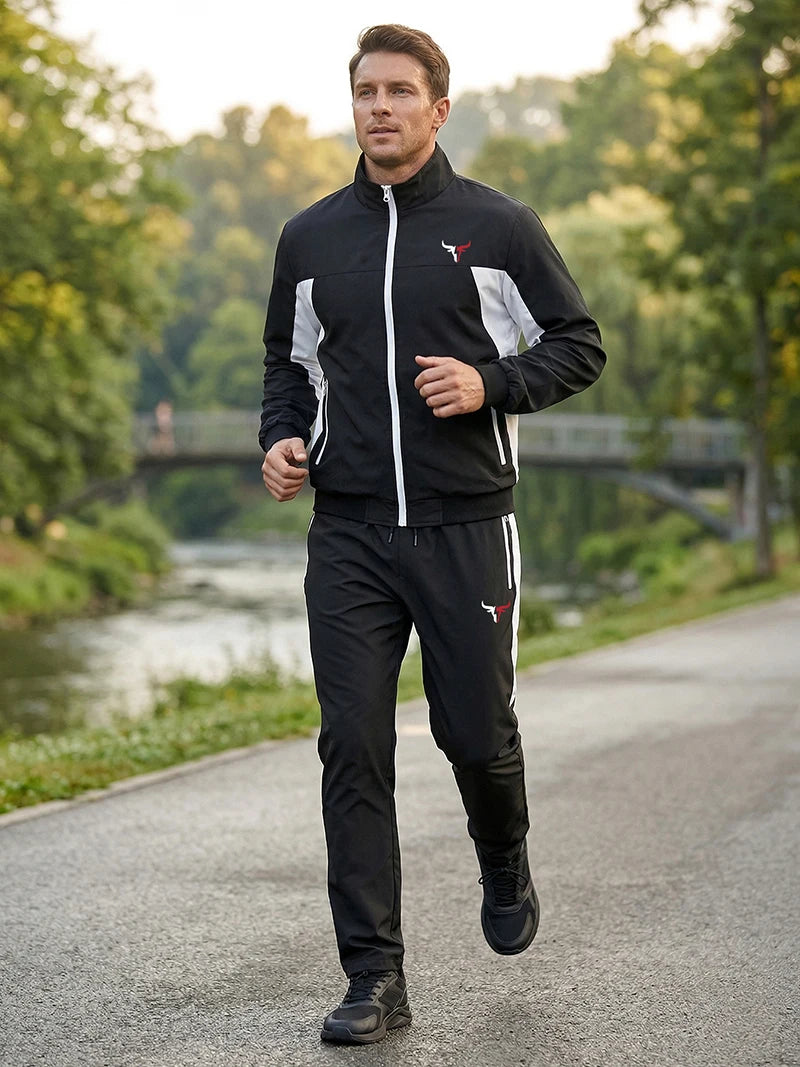 Bull Print Colorblock Sports Set for Men Outdoor Stand Collar Zip Up Jacket Coat Outwear Tops Pants Trousers with Zipper Pockets