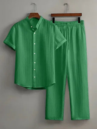 Men's Two Pieces Casual Outfit Loungewear Solid Color Textured Short Sleeve Button Down Shirt and Long Drawstring Pants