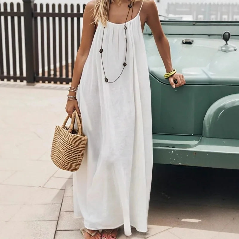 Women's Loose Spaghetti Strap Casual Summer Dress – Solid Color Vacation Homewear