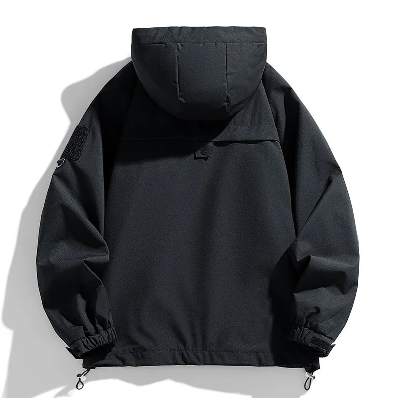 Men's Hooded Cargo Waterproof Bomber Jacket – Black Loose Softshell Hiking Coat