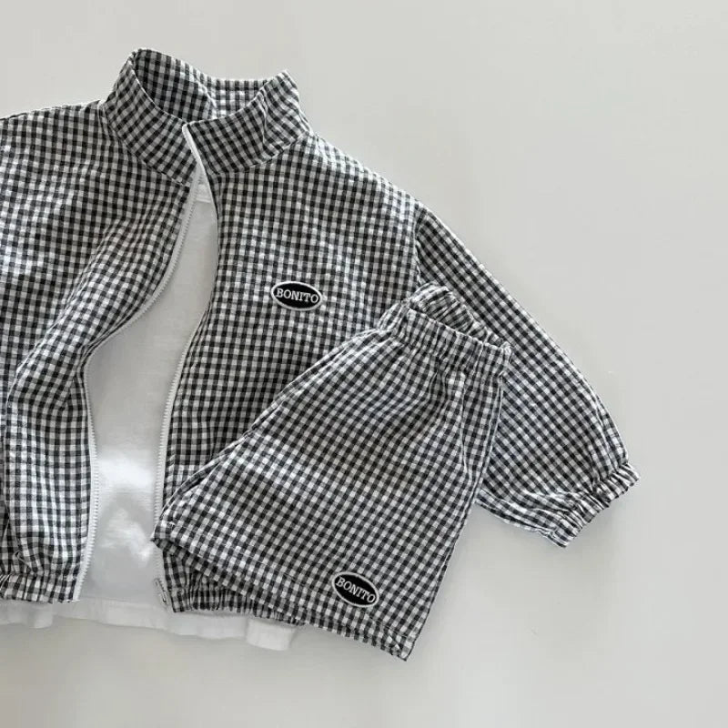Boys Korean Plaid Sun Coat & Shorts Set – Long Sleeve Zipper 2-Piece Summer Outfit