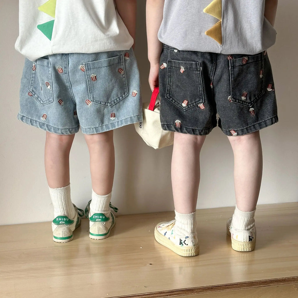 2025 Summer Kids Denim Shorts Children Boys Girls Popcorn Embroidery Short Pants Casual Knee Length Jeans Shorts